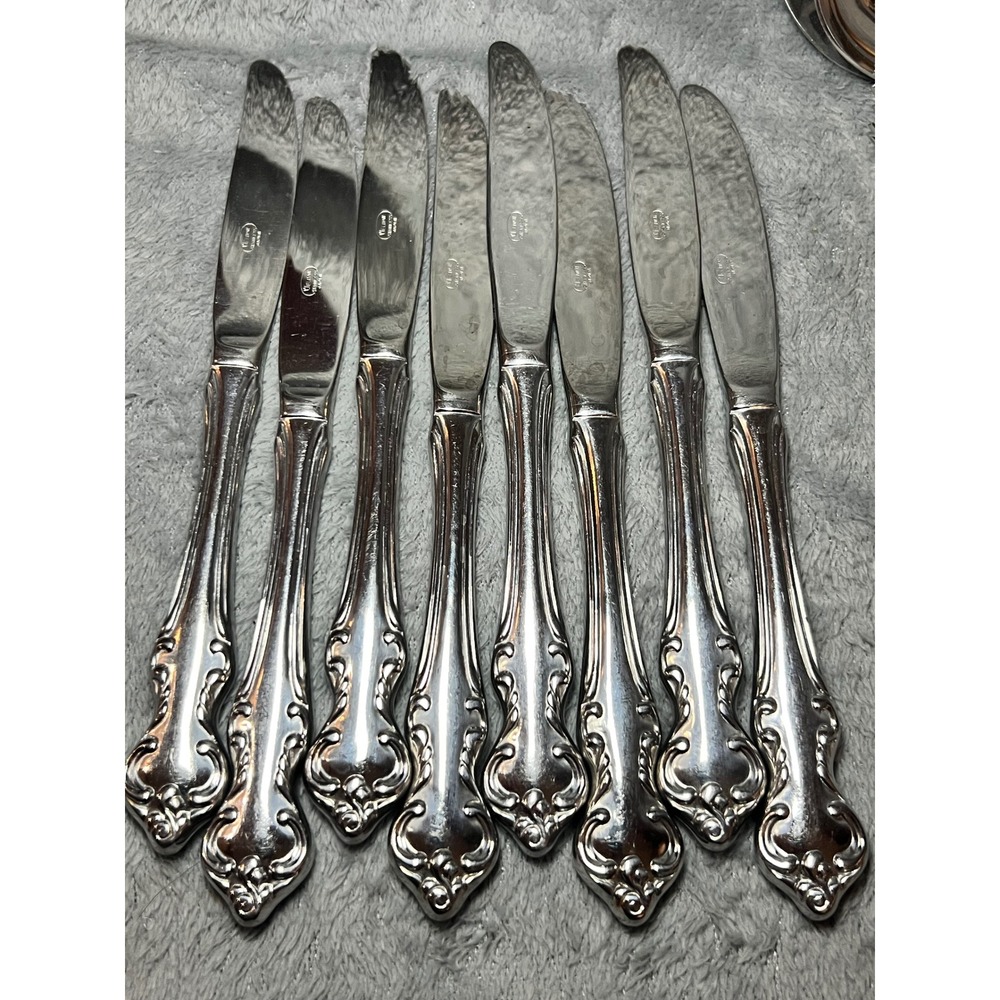 Eldan Japan Rococo Dinner Knives Set of‎ 8 Ornate Stainless Flatware VTG